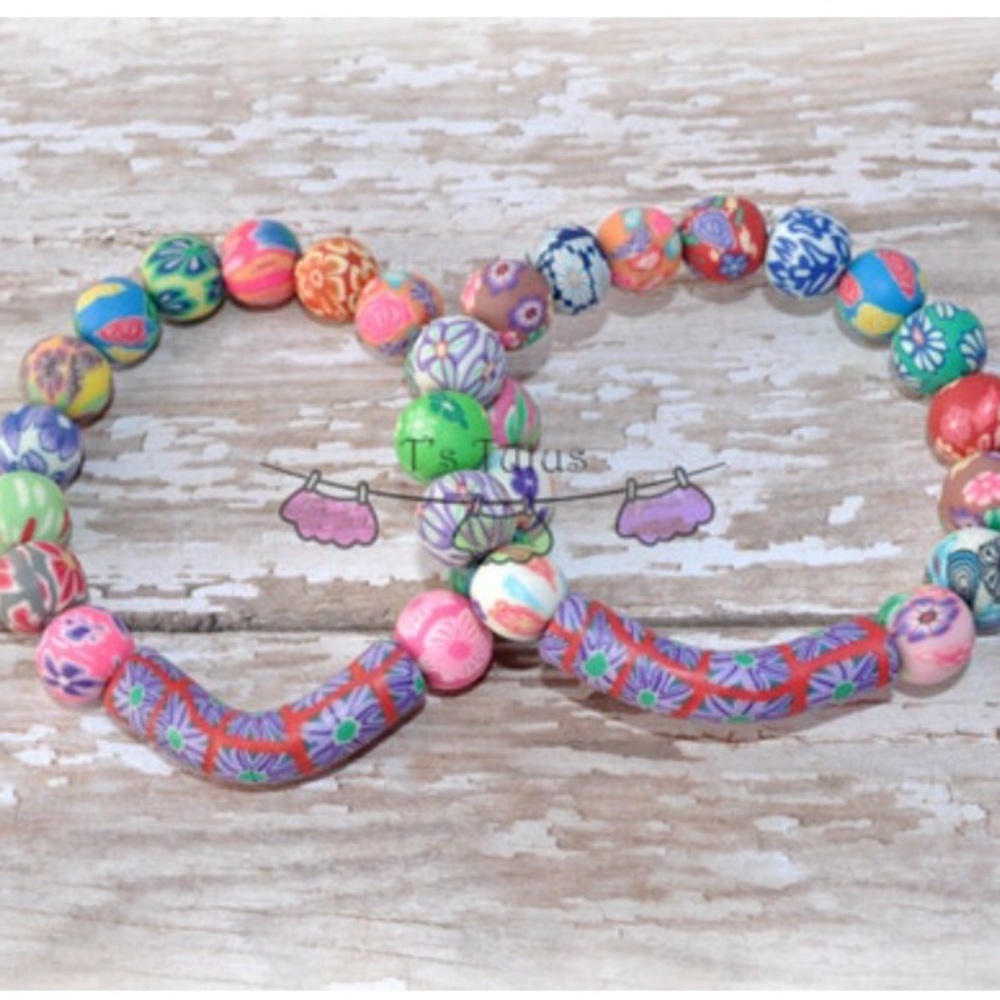 Flower Polymer Clay Beaded Stretch Bracelet Mix Flowers Polymer Clay Beads